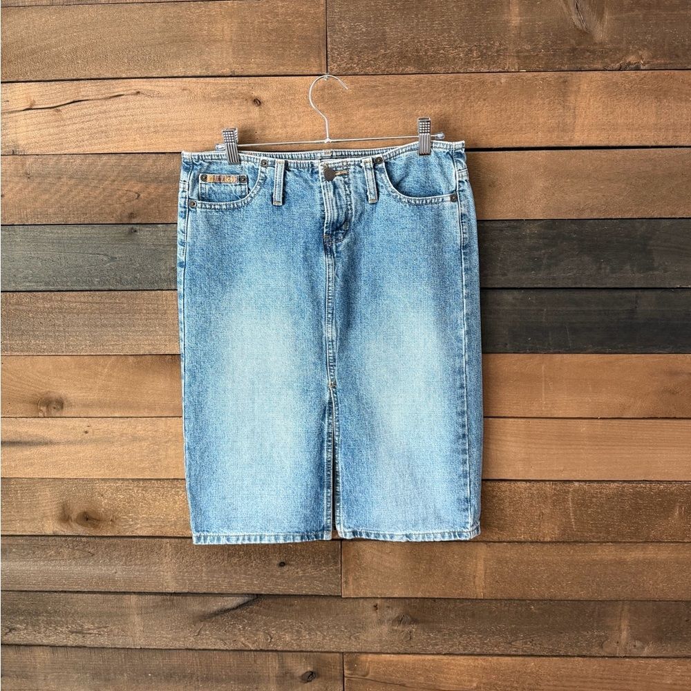 Vintage Y2K L.E.I. Denim Midi Skirt Blue High Rise Straight Fit